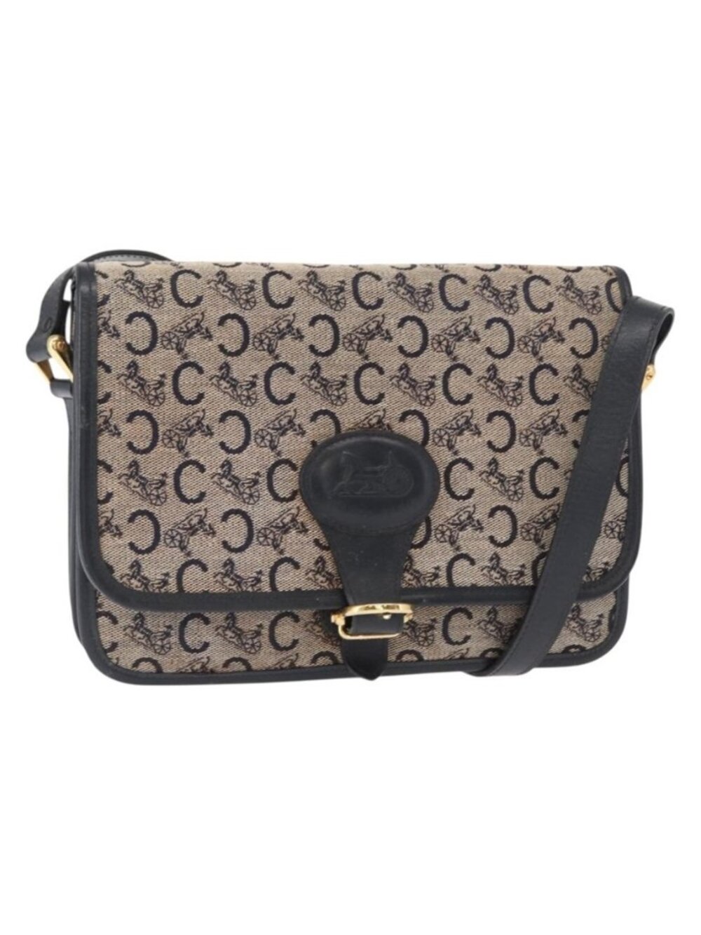 Authentic CELINE C Sulky Shoulder Bag Canvas Navy Gold